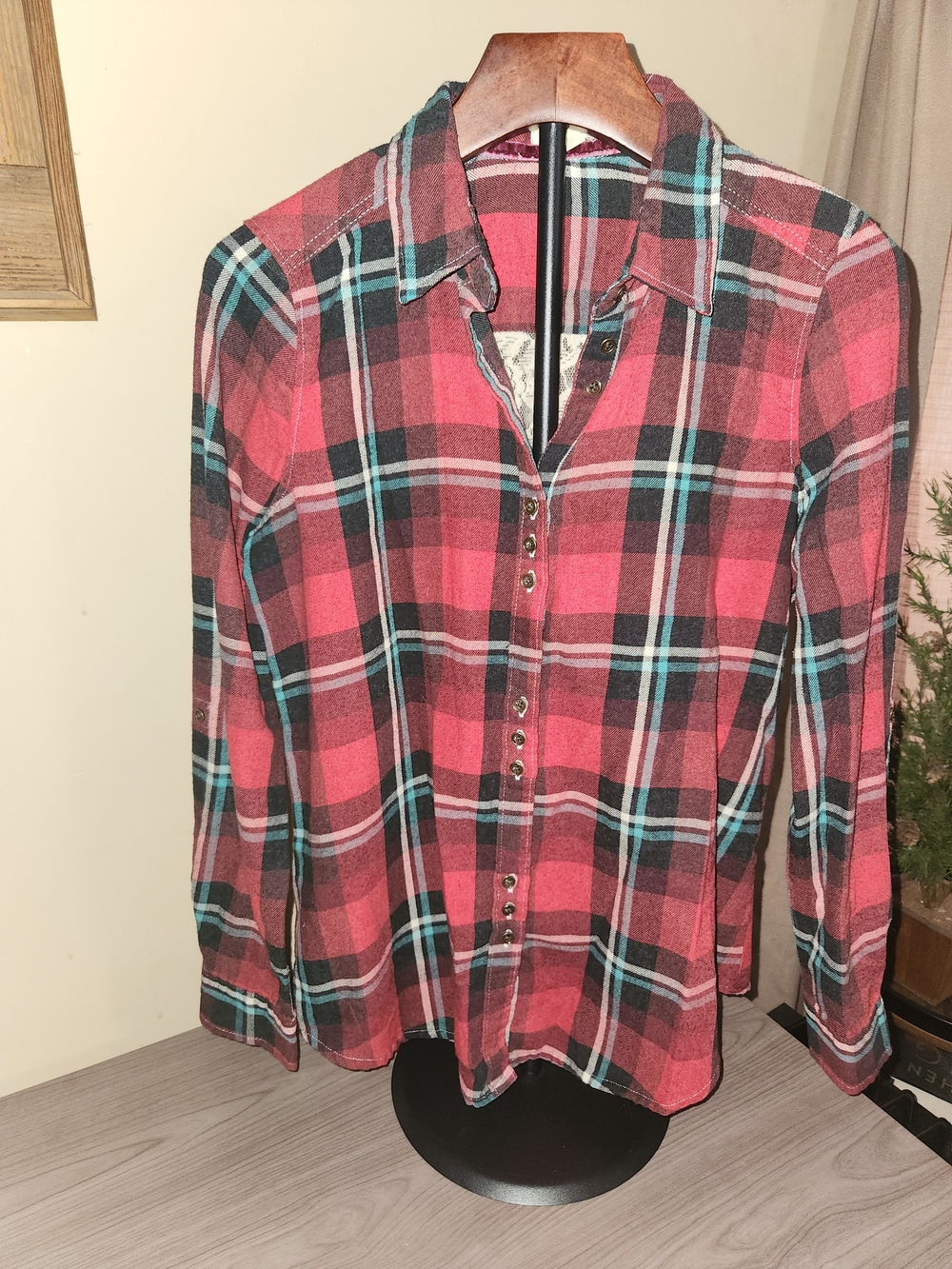 Womens Red Plaid Button-Down Shirt with Teal Accents - Picture 1 of 5